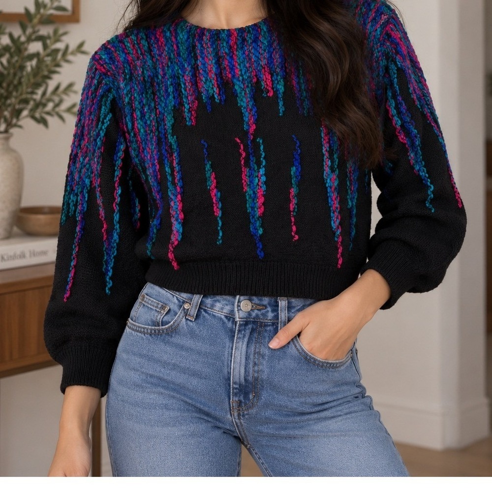 Campus Casuals Sweater Vintage 80s Neon Drip Textured Knit Maximist Women M